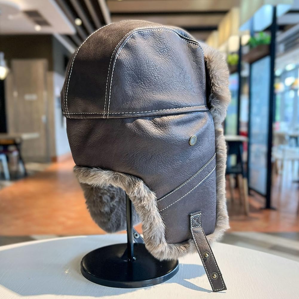 Leather Aviator Trapper Hats Ushanka Men Women Winter Windproof Earflap Faux Fur Lining Hat Shearling Hunting Ski Cap