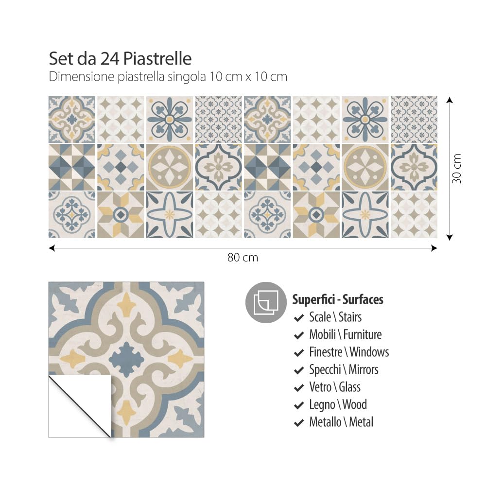 RE-COVERTILES - Adesivi per Piastrelle Bagno e Cucina 24 Pz 10x10 cm - PS00198 Decorazione murale in PVC impermeabile mattonelle mosaico stile cementine Azulejos