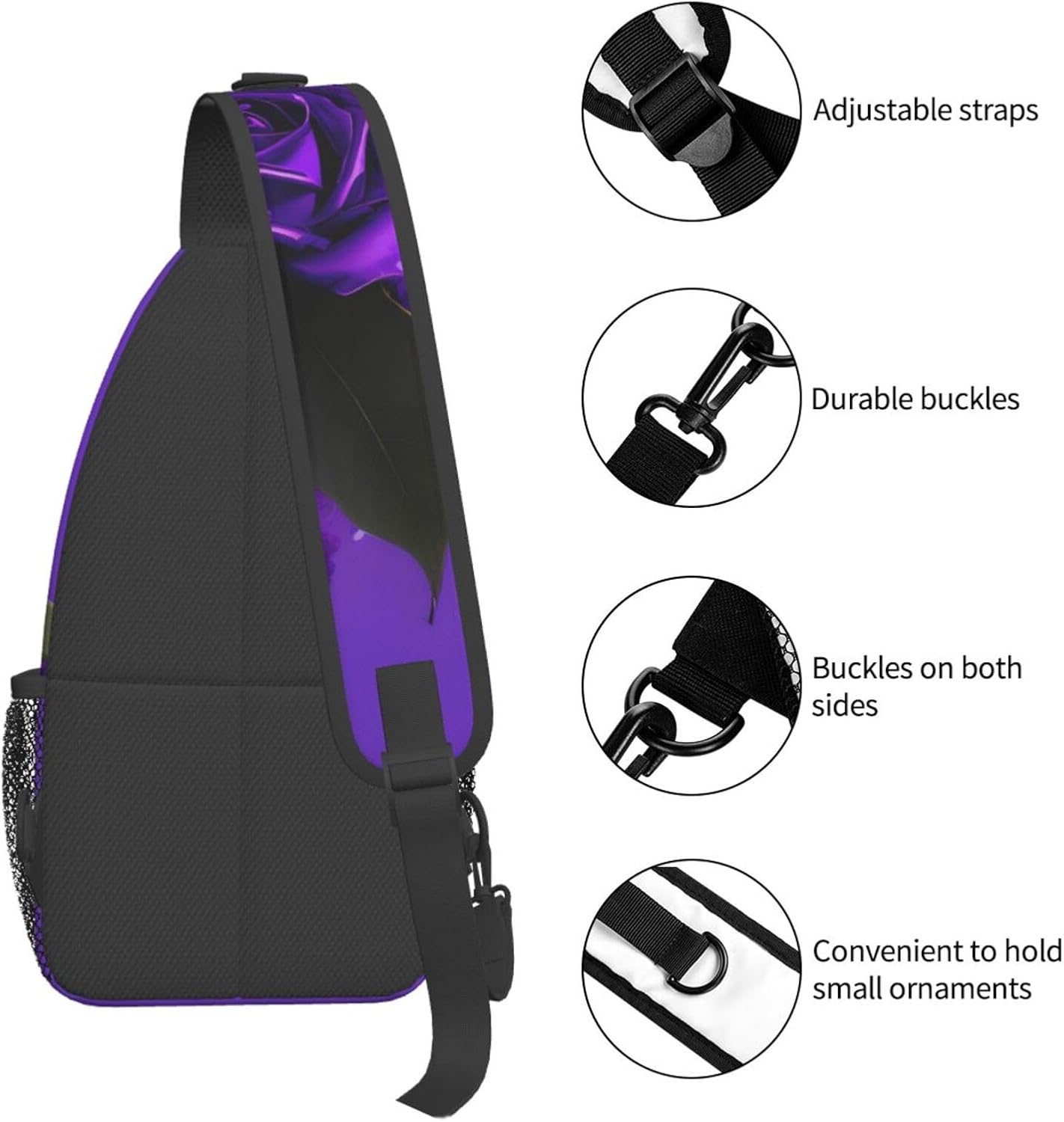 Purple rose print Print Stylish Sling Backpack, Sling Bag,Chest Bag Daypack, for Hiking, Travel, and Business
