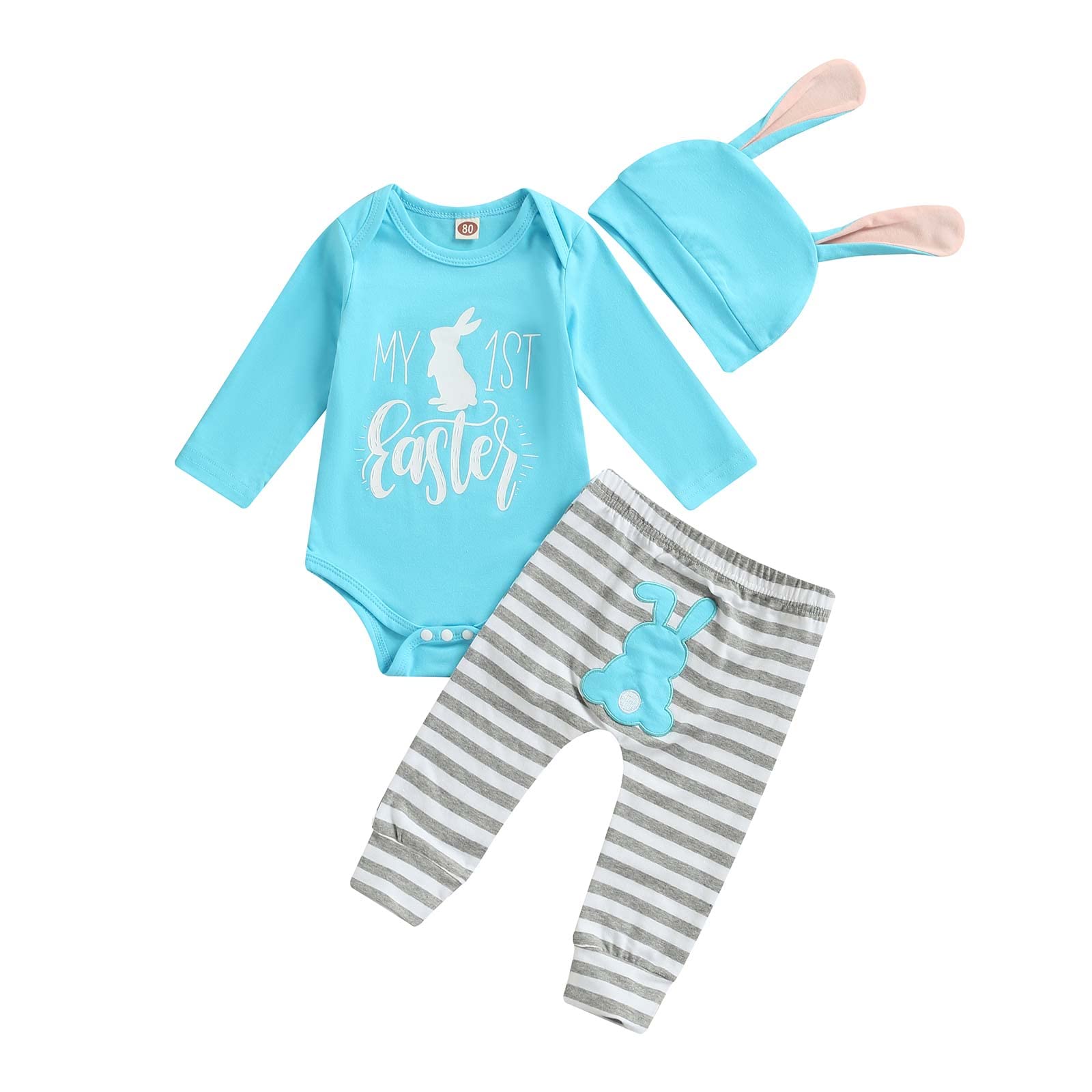 Newborn Baby Boy My First Easter 3Pcs Outfits Long Sleeve Lettered Romper Rabbit Striped Trousers Bunny Hat Set