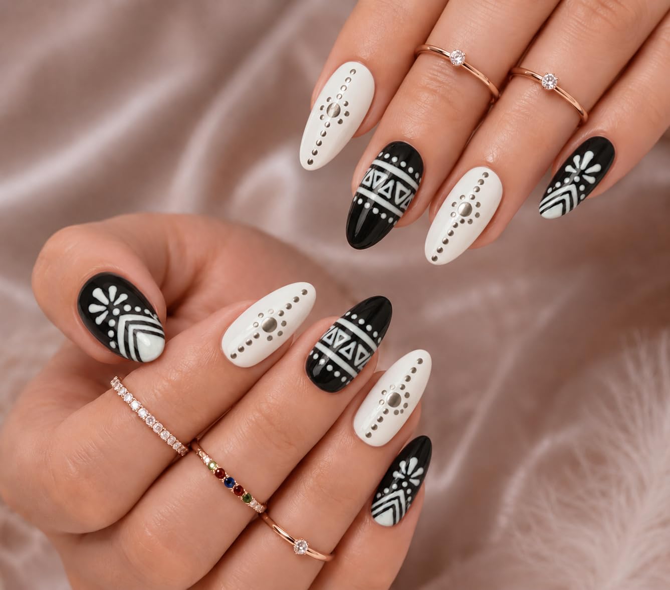 JESCO Black and White Press On Nails for Women Pack of 20 | Reusable | Navratri Special Designer Handmade Tribal Nails | perfect for Garba, Wedding & Ethnic wear-image-20