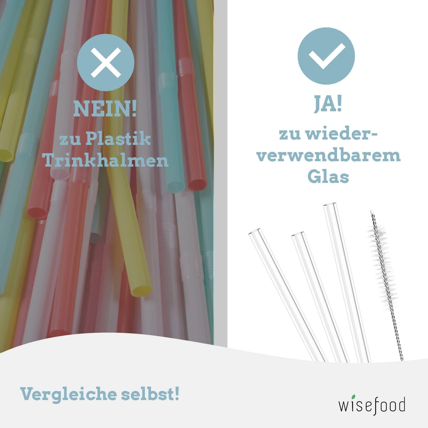 Wisefood Glazen rietjes, 50 stuks, 21 cm, herbruikbare glazen rietjes, lange korte reinigingsborstels, duurzame en plasticvrije herbruikbare rietjes met opbergzak