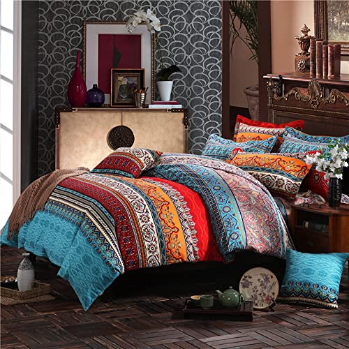 Jingzhang Bohemian Duvet Cover Queen Boho Retro Floral Style Quilt Cover 3Pcs, Colorful Boho Striped Comforter Cover,100% Ultra Microfiber Boho Decor Bedding Set With Zipper Closure And Corner Ties #TOP1