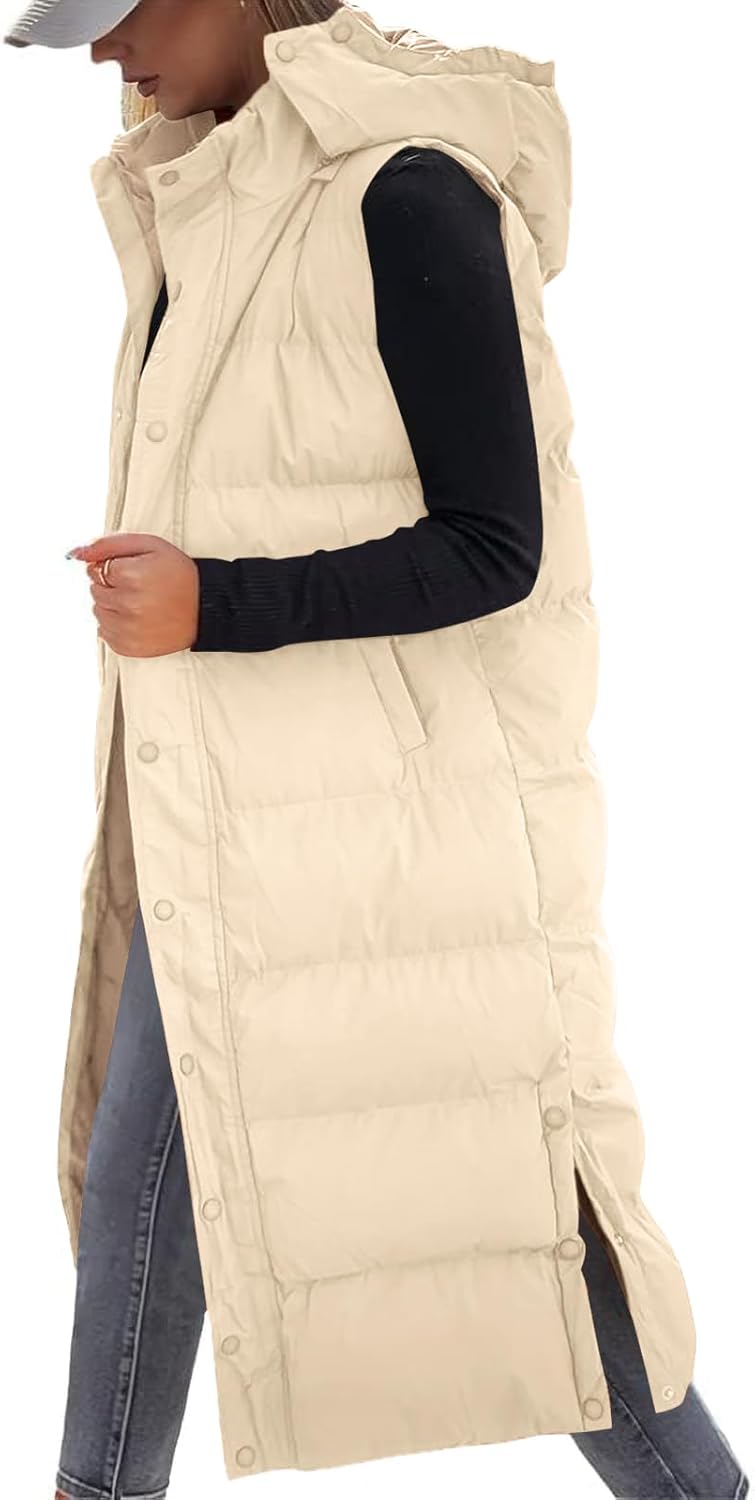 Grlasen Womens Long Puffer Vest Hooded Sleeveless Winter Coats Quilted Warm Zip Up Padded Outerwear