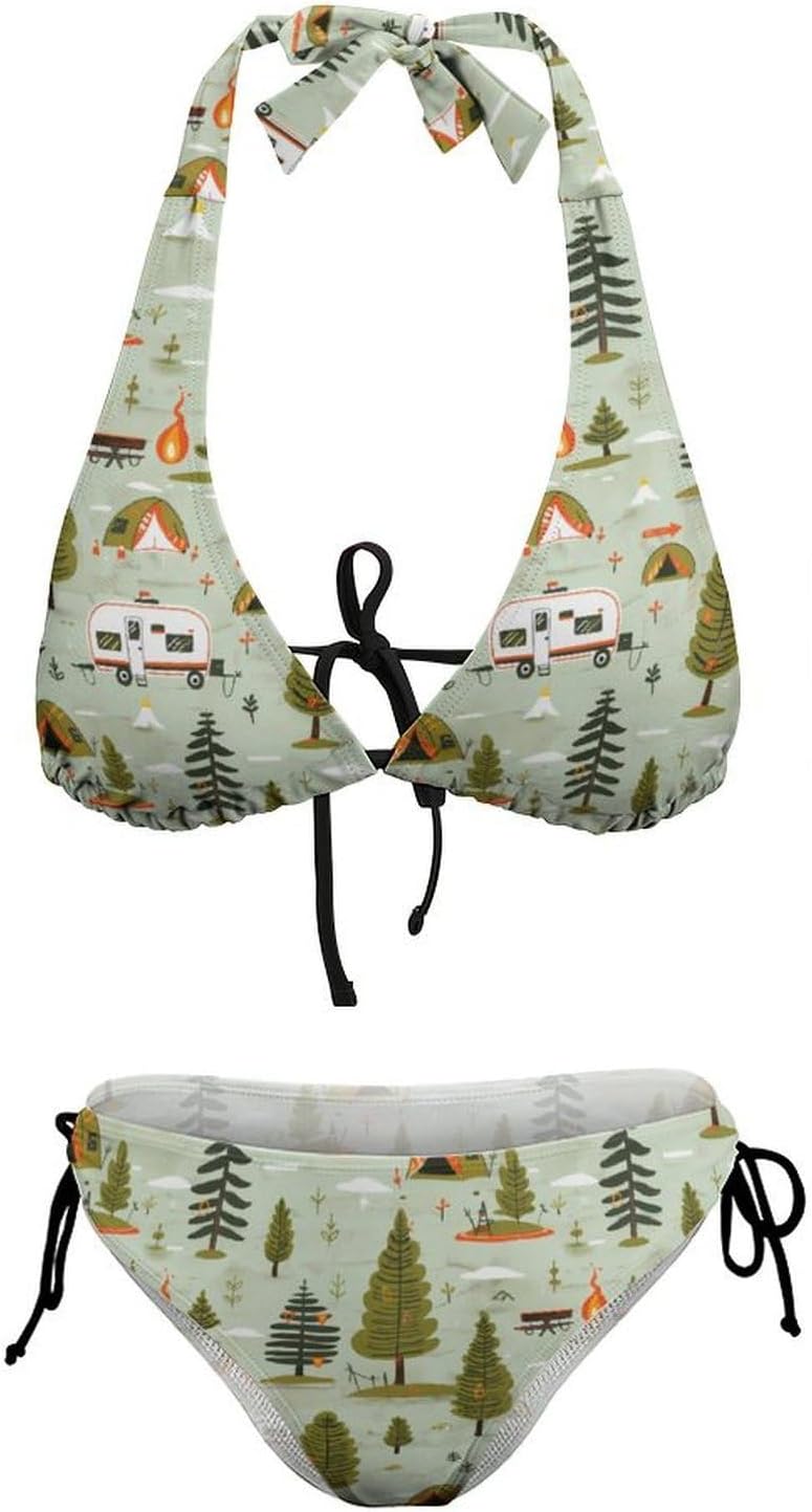 Camping Pattern Novelty Women's 2 Piece String Bikini Set Swimsuits Bathing Suit Swimwear