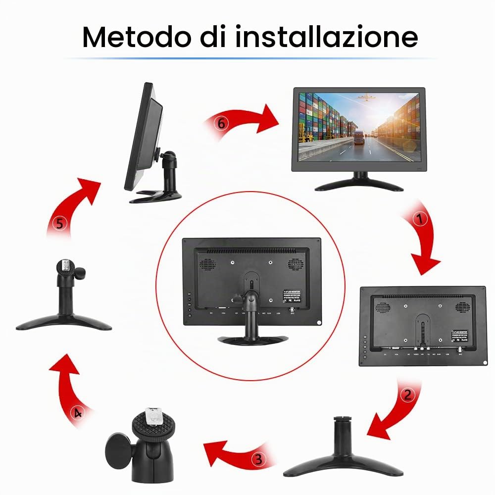 CAMECHO 11,6 pollici Monitor portatile HD 1080P Display CCTV Monitor integrato con altoparlante con connessione HDMI VGA AV BNC Compatibile con PC, DVD, TV, telecamera di sorveglianza