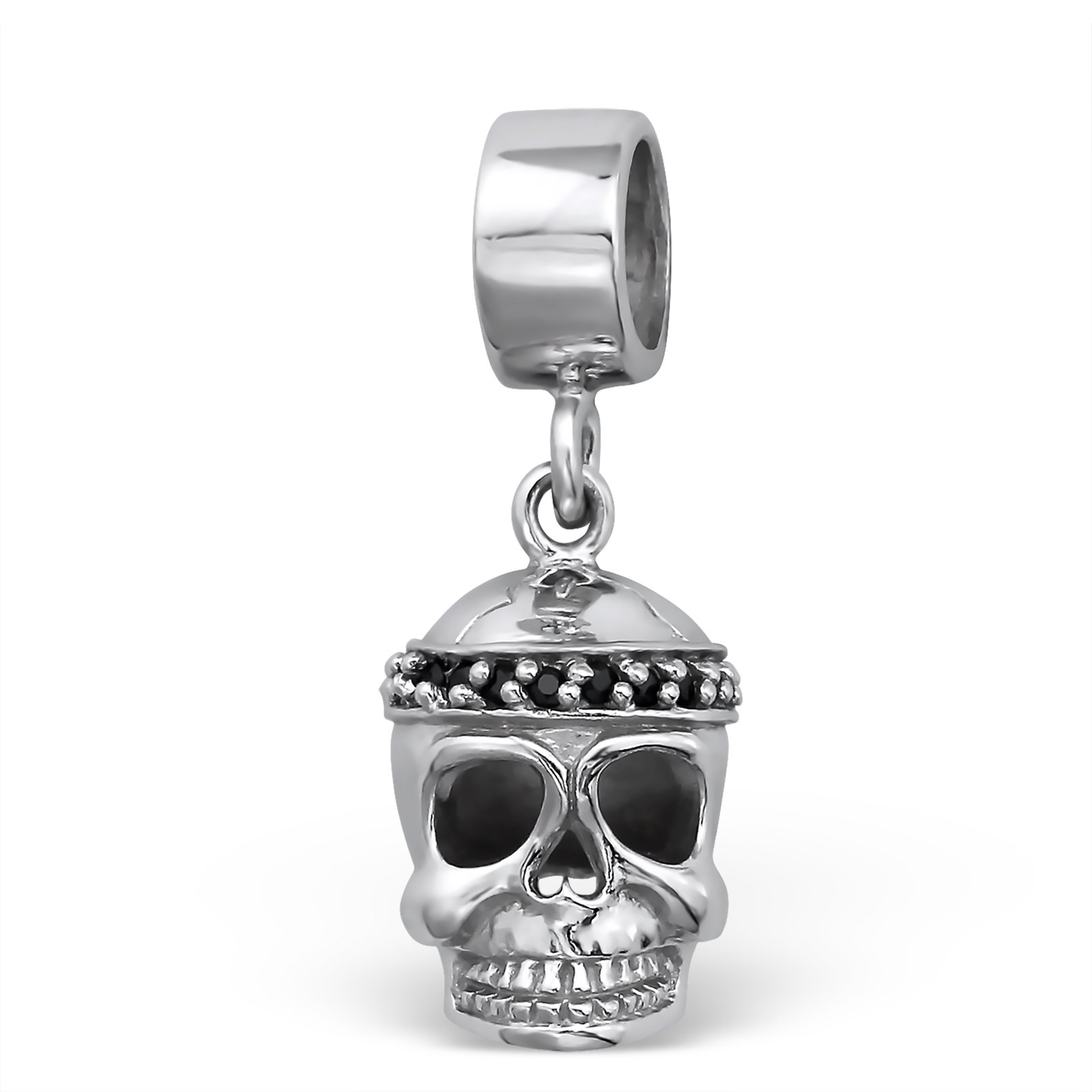 SilvadoreSilver Bead – Scull Bones Teeth Scary Face Evil Halloween Jet Black Crystals Crown Dangle - 925 Sterling Hanging Charm 3D Slide On 806 - Fits European Bracelet - Gift Boxed