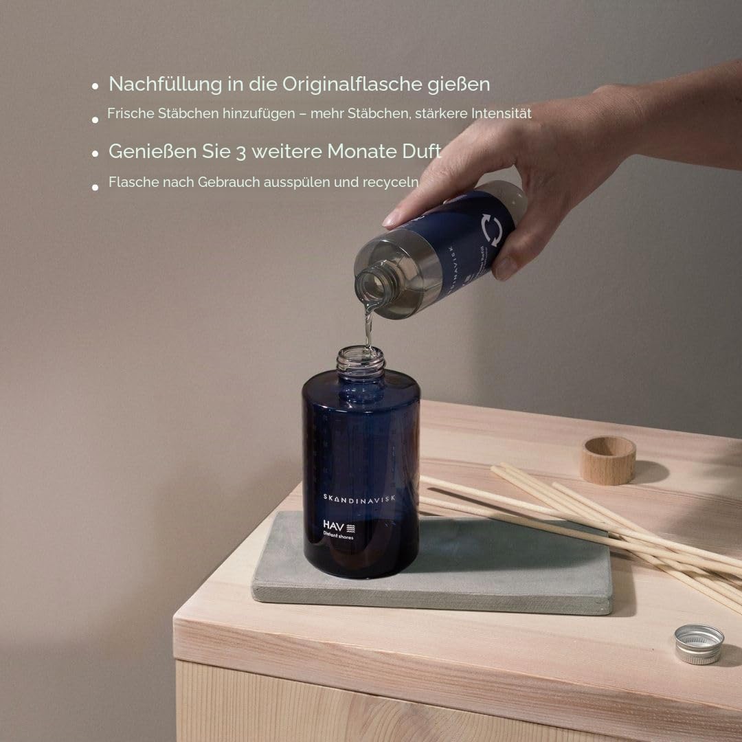 Skandinavisk Skog Duftstäbchen Diffusor Nachfüllung - Kiefernnadeln und Tannenzapfen, Birkensaft und Maiglöckchen - Vegan - Nachfüllflasche aus recyceltem Kunststoff, 200 ml