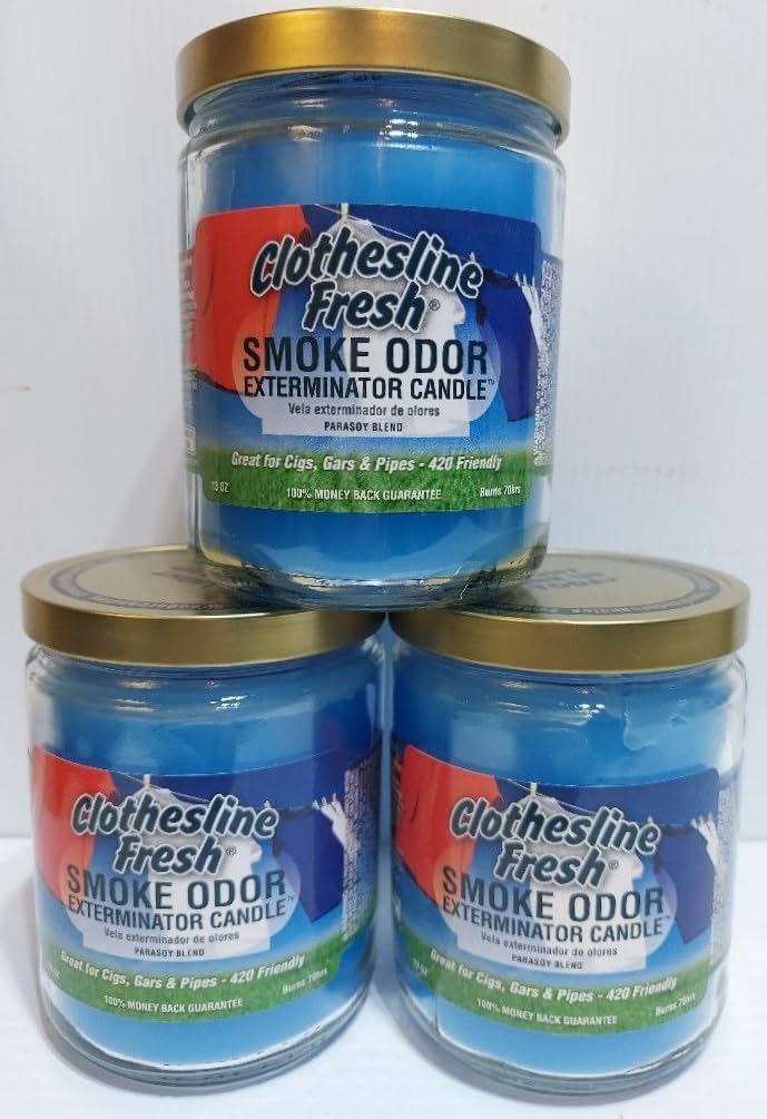 Smoke Odor Exterminator 13oz Jar Candle, Clothesline Fresh Three Pack.