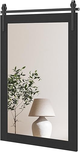 Tangkula Farmhouse Wall Mirror, Rustic Bathroom Mirror with Wood Frame & Metal Bracket, Wall Mounted Barn Door Mirror for Living Room, Bathroom, 24