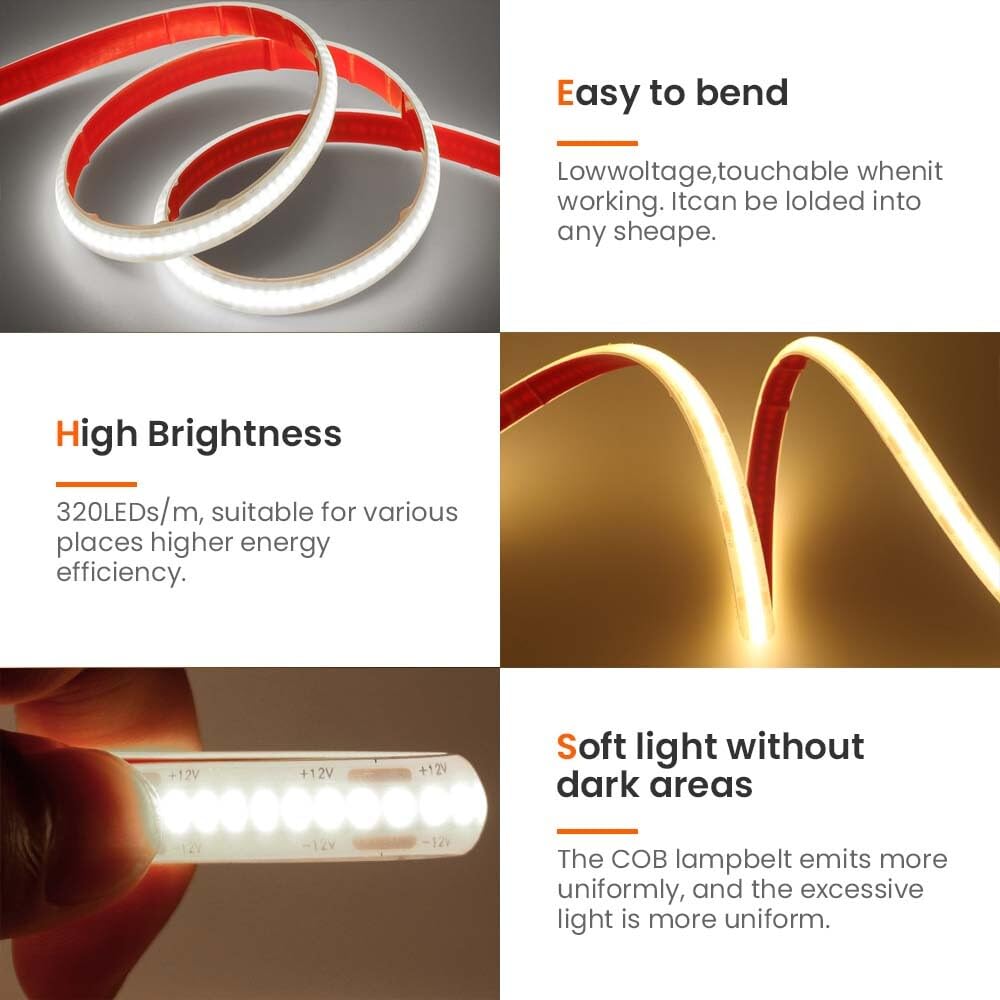 Taśma świetlna LED 12 V COB 7 m ciepła biel 3000 K IP68 wodoodporna elastyczna łańcuch świetlny 320 diod LED/m CRI90+ możliwość cięcia co 2,5 cm, idealna do dekoracji wnętrz, zasilacz nie jest