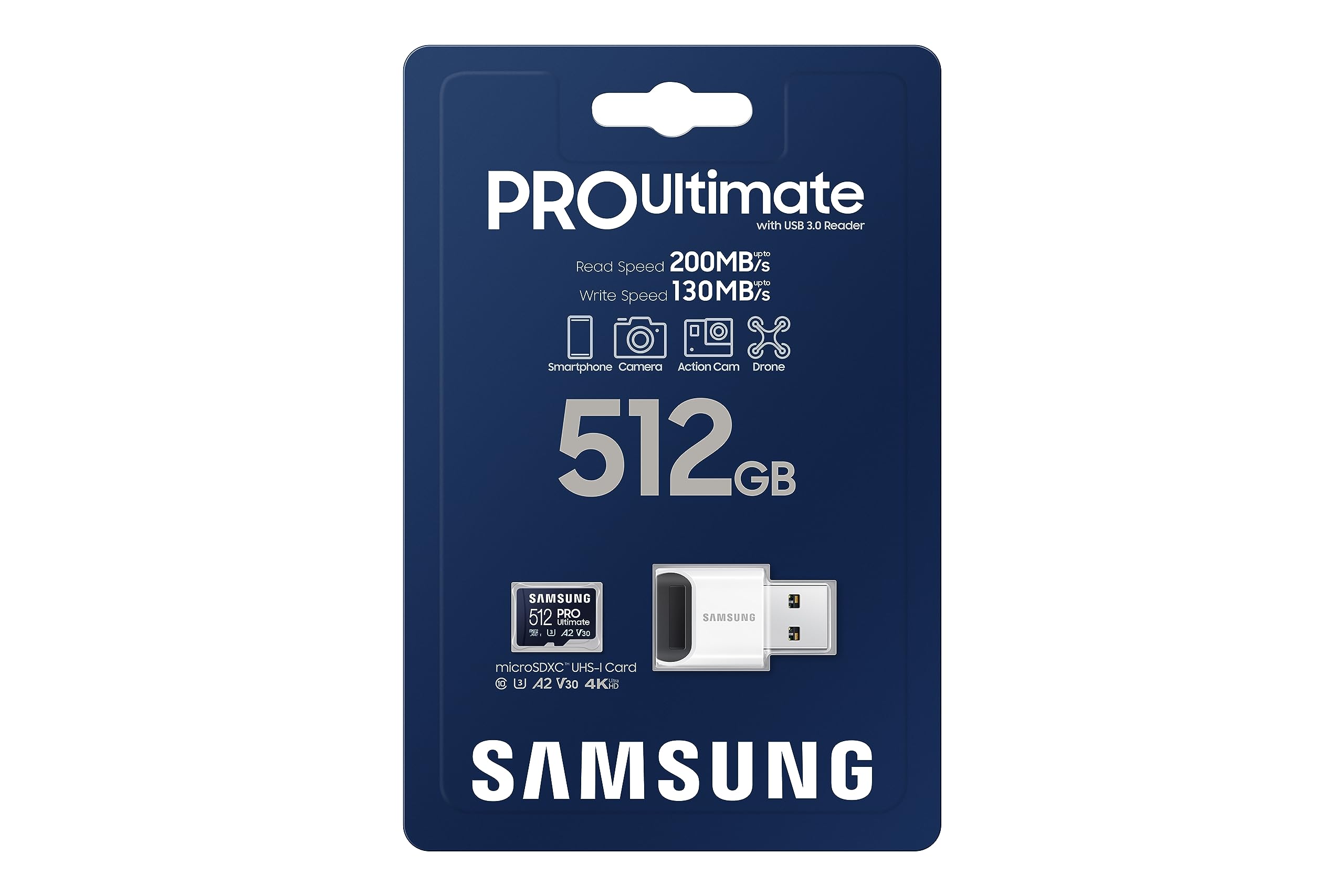 Samsung PRO Ultimate, scheda microSD + lettore di schede USB, 512 GB, per smartphone, drone e action cam, UHS-I U3, 200 MB/s di lettura, 130 MB/s in scrittura, MB-MY512SB/WW