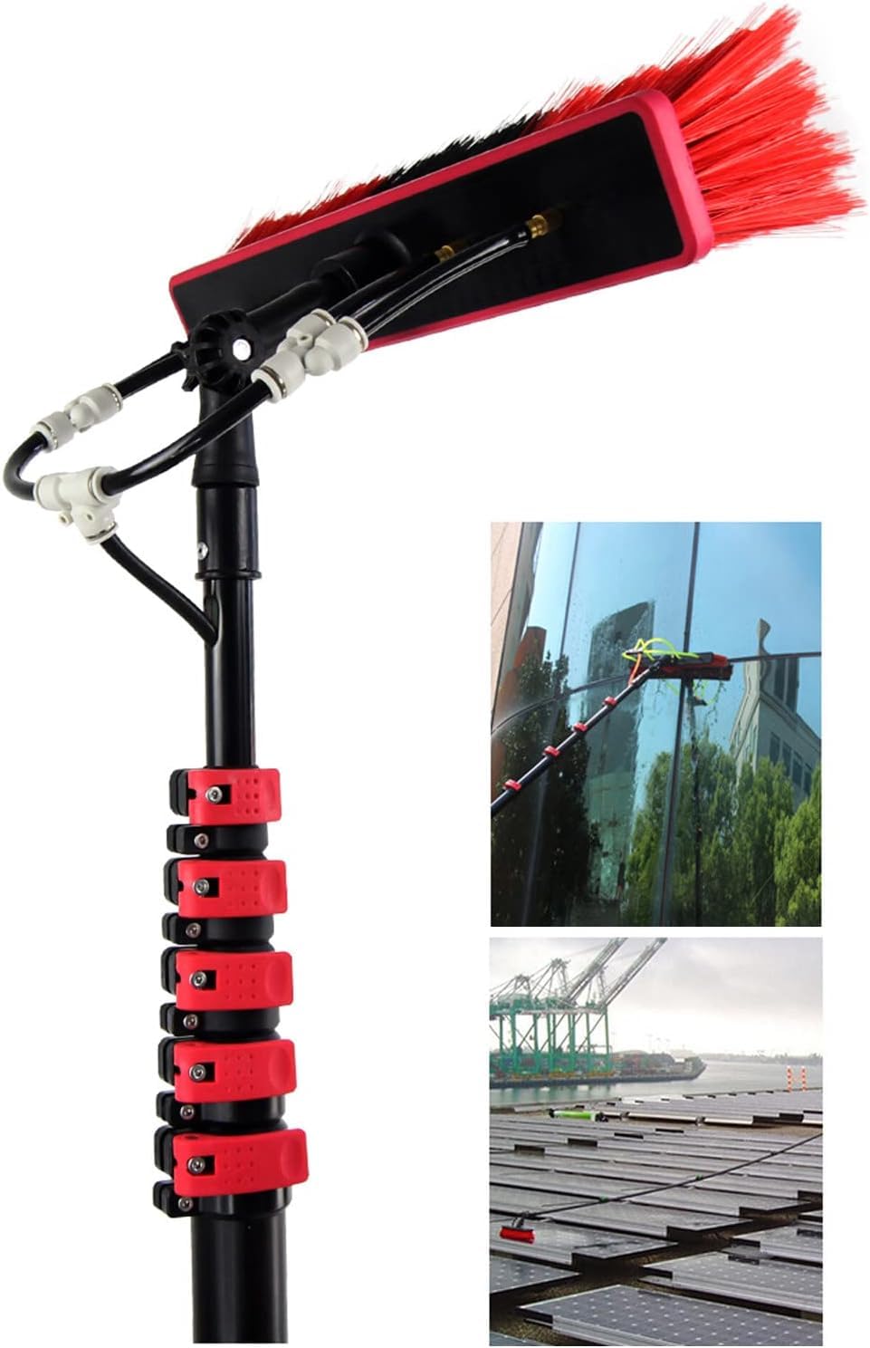 Kit de limpieza de ventanas de panel solar, limpiador de cristales de ventana al aire libre, sistema de limpieza de paneles fotovoltaicos con poste de extensión y poste de alimentación de agua