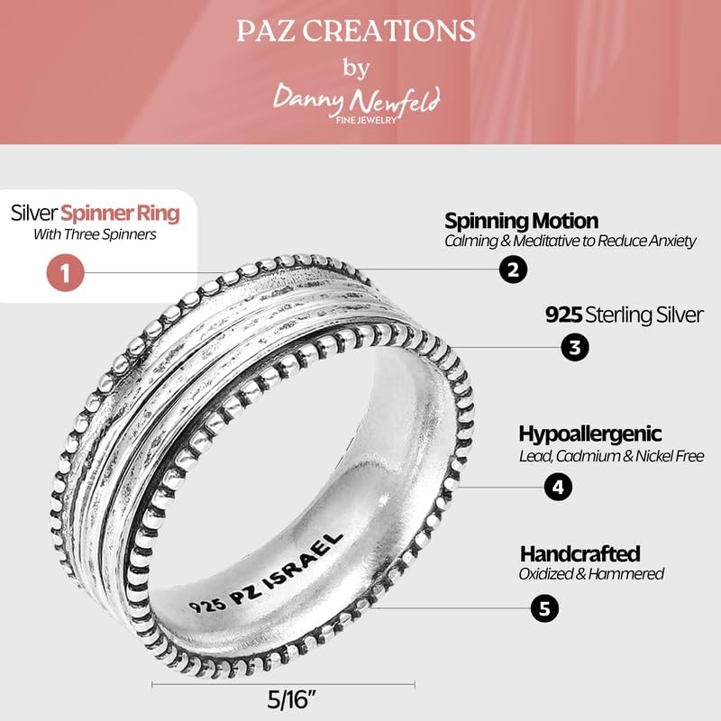 Miniatura 3 de Paz Creations - Anillo giratorio de plata de ley 925 para mujer, anillo resistente con tres hilanderos, anillo antiestrés llamativo, joyería