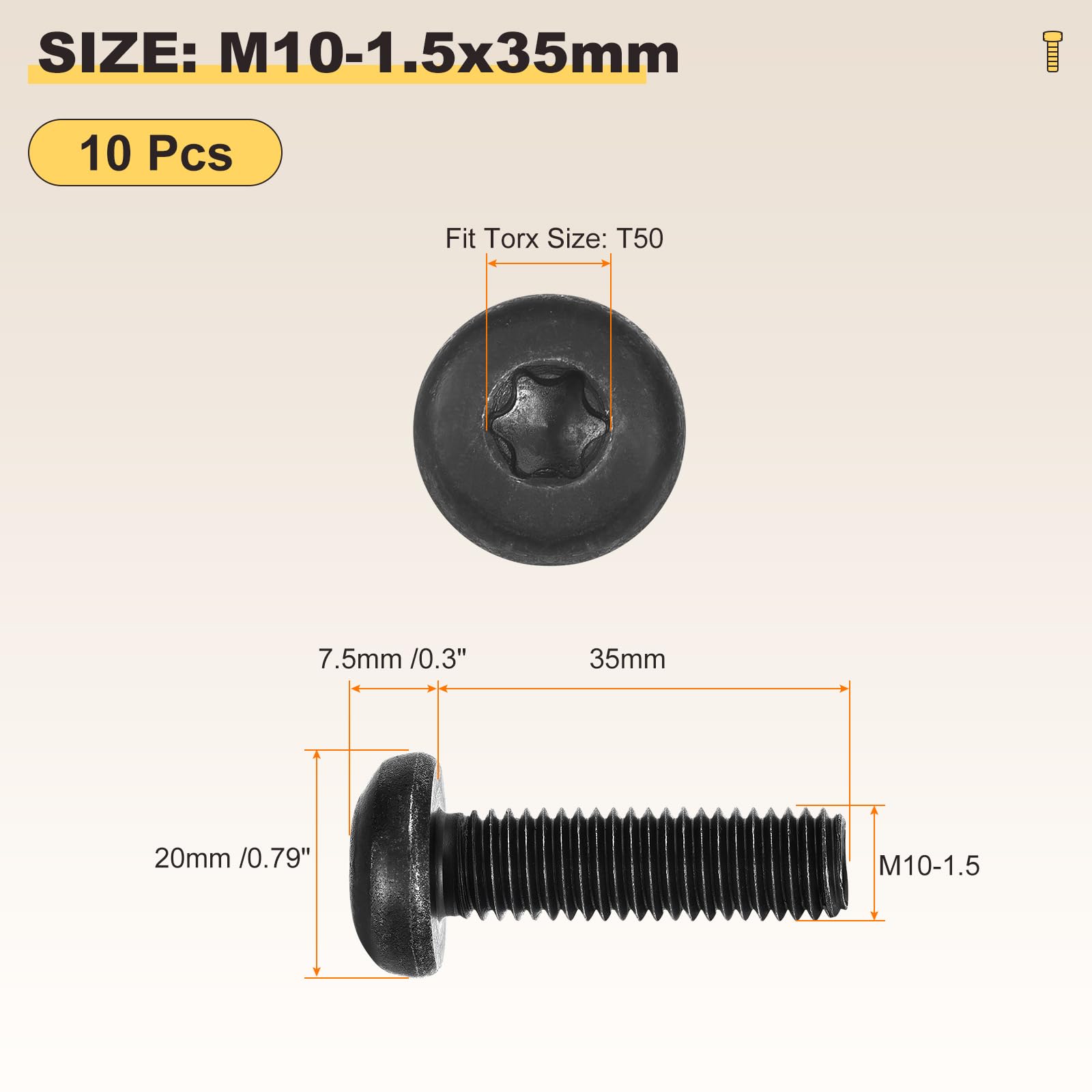METALLIXITY Pan Head Torx Security Screws Bolts (M10-1.5x35mm) 10Pcs, Button Torx Head Machine Screws Carbon steel - Image 2