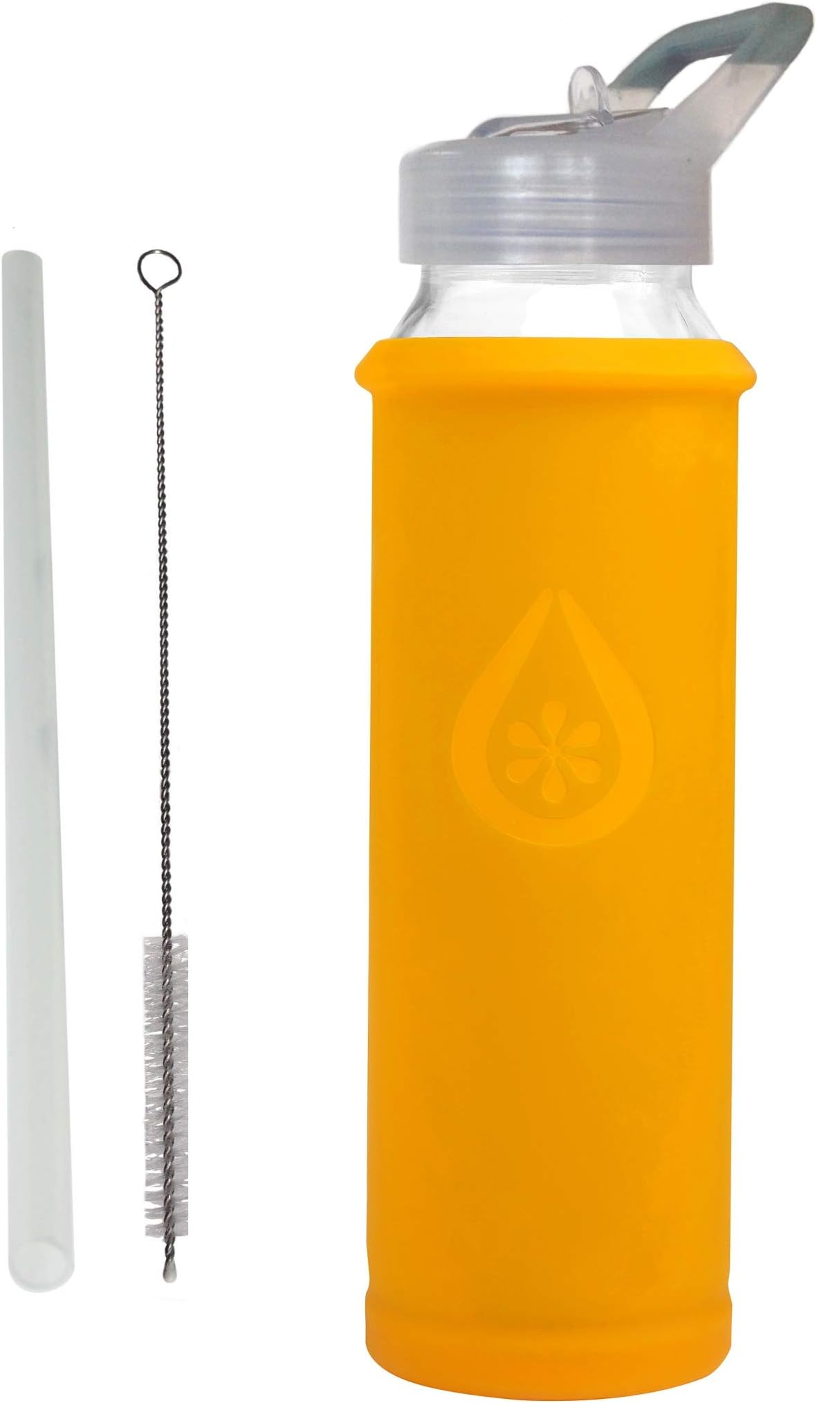 Glass Water Bottle with Straw Lid, Mango Bumperguard Silicone Sleeve, Wide Mouth Opening, 21 Ounce/630 ml