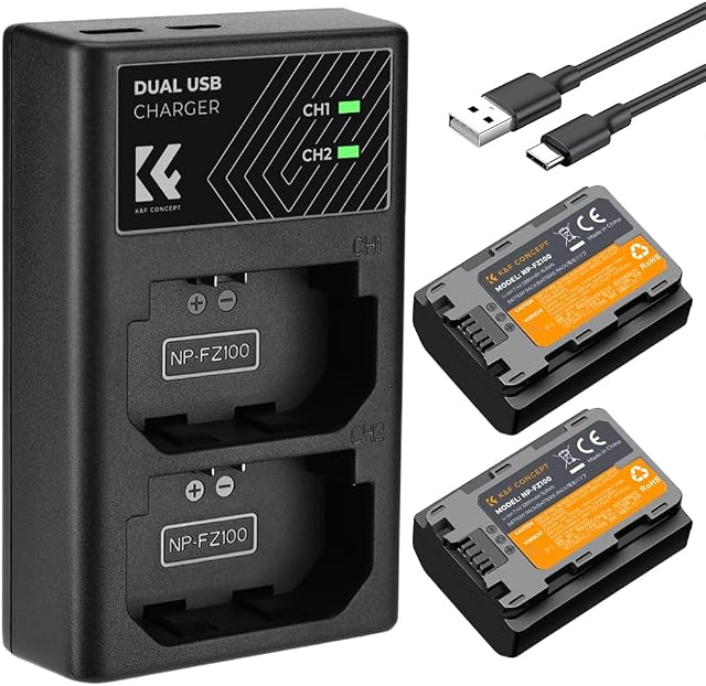 K&F Concept NP-FZ100 Battery and Dual Slot Charger Set for Sony ZV-E1, FX3, FX30, A7C, A7 III, A7R III, A7R IV, A9, A6600, Alpha 9, Alpha 9S, A9S, A7III, A7R3, A7R4 Camera Batteries, 2280mAH