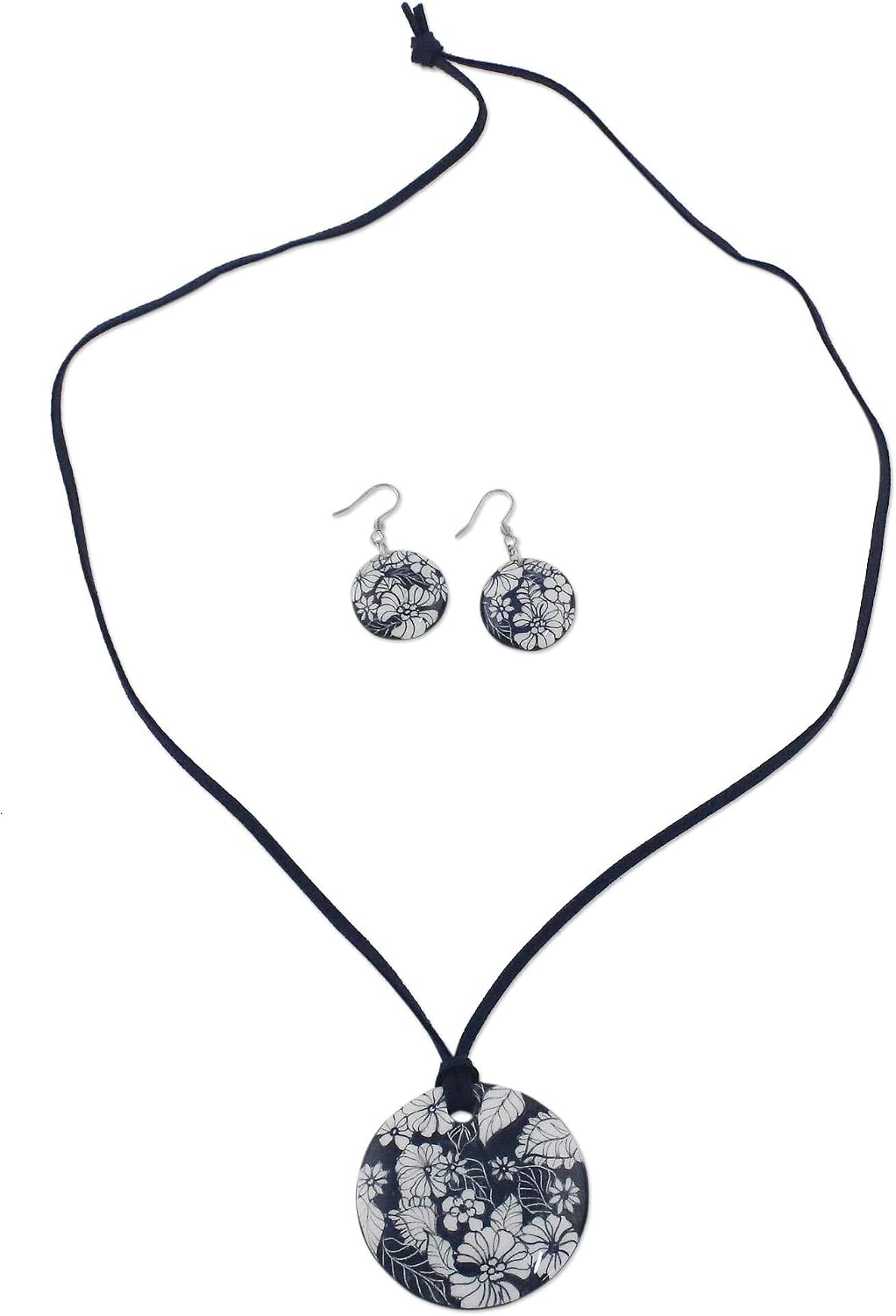 NOVICA Artisan Ceramic Jewelry Set Handmade Blue Floral Necklace Earring Stainless Steel Pendant Thailand Painted [cord 15.75 in min L x 27.5 in max L 3 mm W Pendant(s) 2 in Diam. Earrings ]