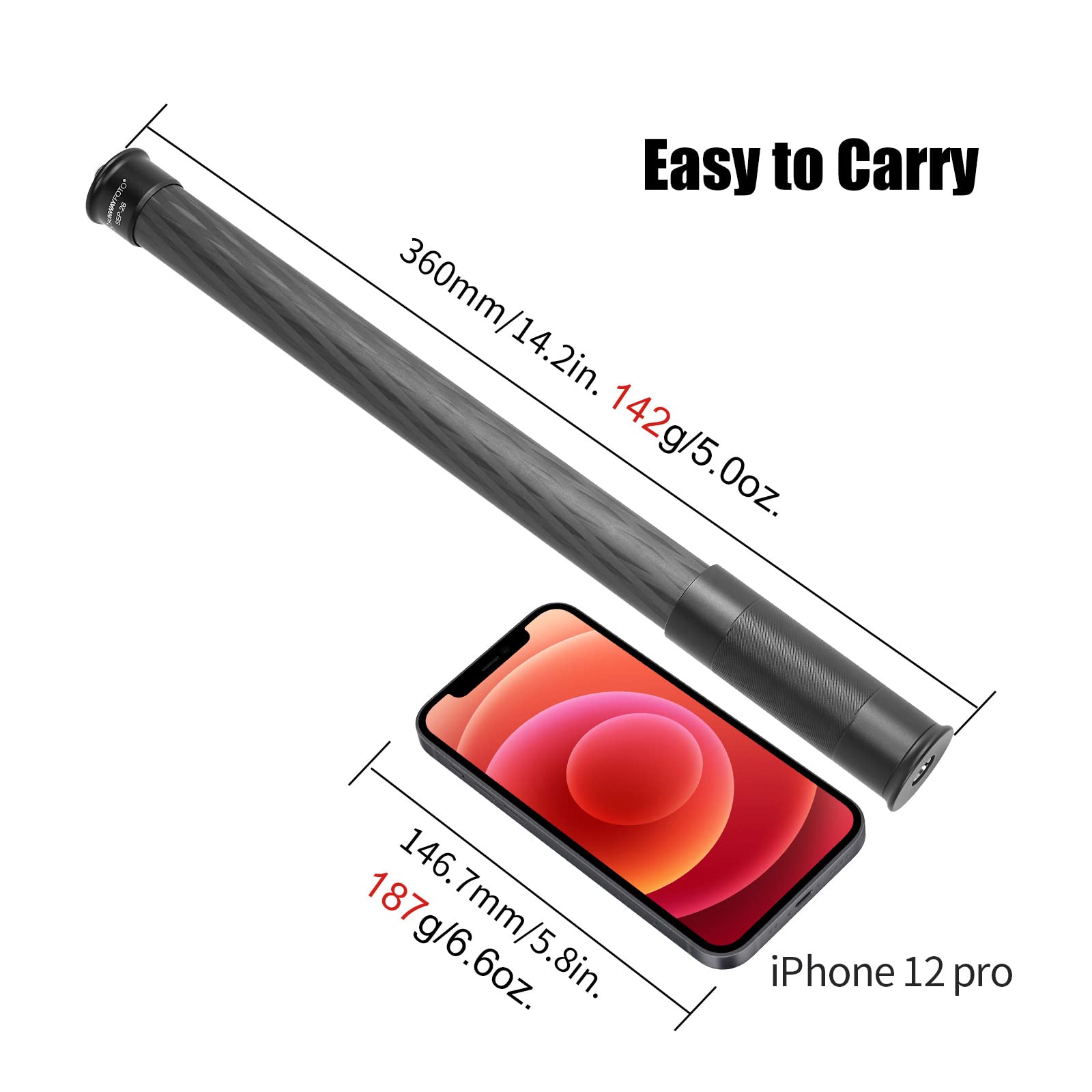 SUNWAYFOTO Perche d'extension de cardan de 63 cm, Tube en Fibre de Carbone de 26 mm, 2 Sections, Tige Universelle pour trépied et Appareil Photo Reflex numérique stabilisateur SEP-26