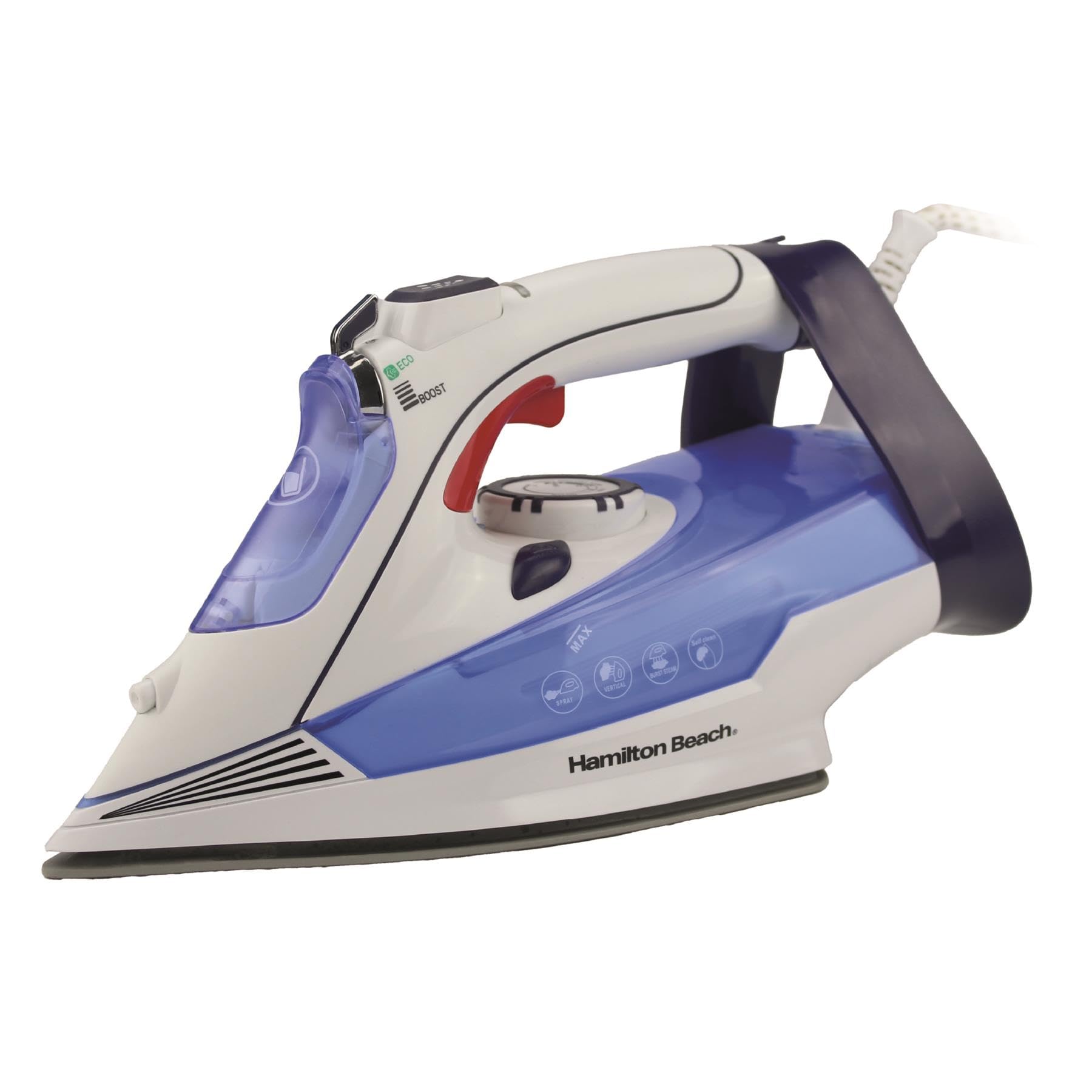 Hamilton Beach Steam Iron, 3000W, SteamMax Pro, Non-Stick Ceramic Soleplate, Dry or Steam Ironing, Spritz Function, Crease Removal, Vertical Steam, Easy Fill Tank, Self Cleaning, White/Blue - HB608WB