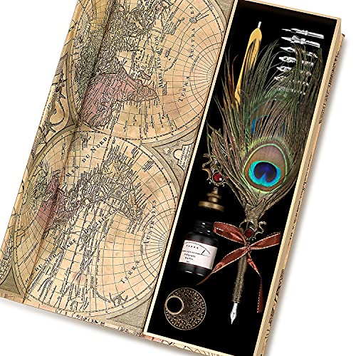 Quill Pen, Feather Pen Ink Set, Feather Calligraphy Pen Set With Feather Pen Dip Pen, 20ML Ink, 8 Replaceable Nibs, Seal, Wax Seal, Pen Holder, Vintage Engraving Romantic Art Gift (Malachite Green)