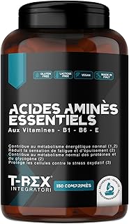 Visuel du produit : EAA Essential Amino Acids - avec mélange de vitamines B1, B6 et E - Supplément Végétalien d'Acides Aminés Essentiel Naturels Obtenus par Fermentation. T-Rex Integratori (150 Comprimés)