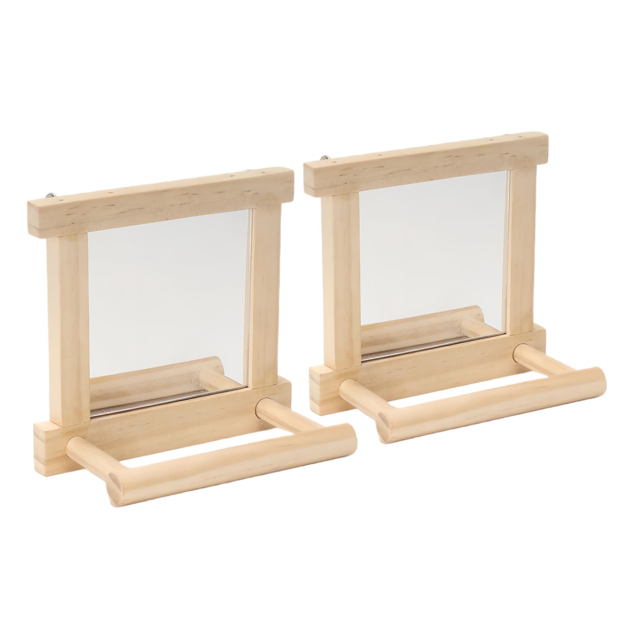 HANZE Soporte para pájaros de madera natural con espejo, columpio de colibrí, perca y accesorio de juego, paquete de 2