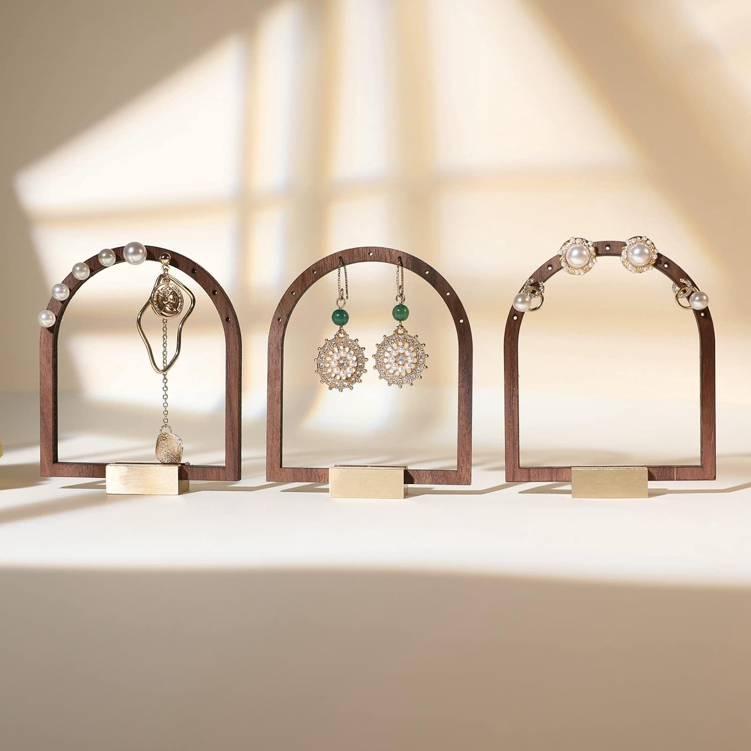 3pcs Wooden stud earring organizer holder, walnut earring hangers with brass base, Small Cute earring display for selling with 9 holes for each【Arch frame-3pcs】