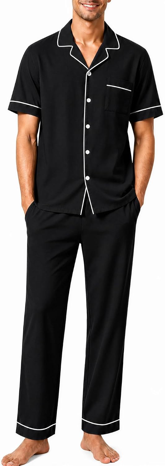 SWOMOG 100% Cotton Men Pajamas Set Button Down Short Sleeve Sleepwear Loungewear Pjs Set with Pockets