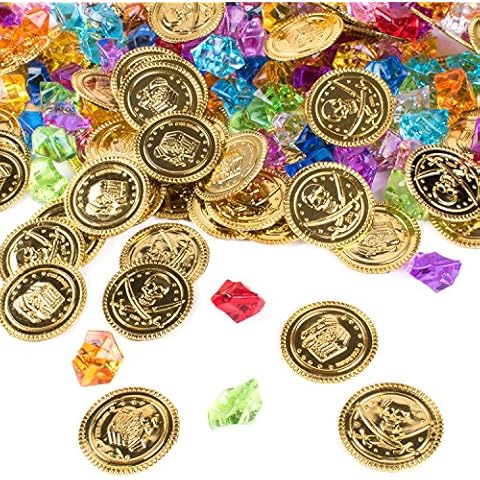 240 Piece Pirate Treasure Set Gems and Plastic Golden Coins Theme Party Favor Pack Decorating Supplies by Handy Basics Cover