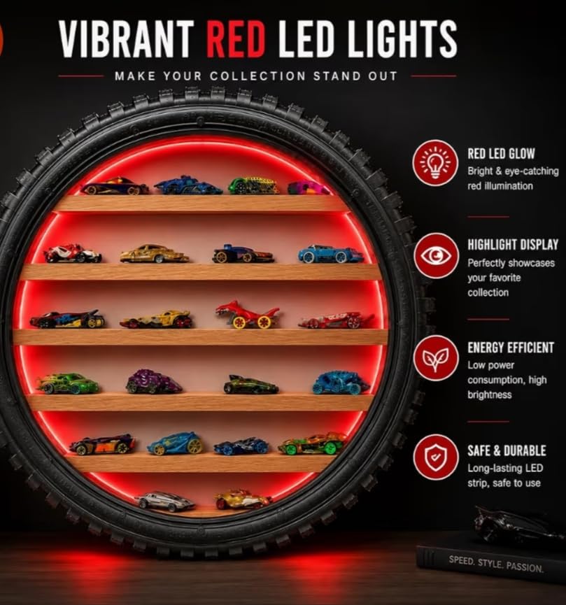 Image of Wooden Wall Shelf Display Rack for 1:64 Scale Die-Cast Cars with LED Light | Rugged Tyre Frame Storage Organizer for Hot Wheels Collection | Decorative Home & Room Decor (24 x 4 Inch (Red)