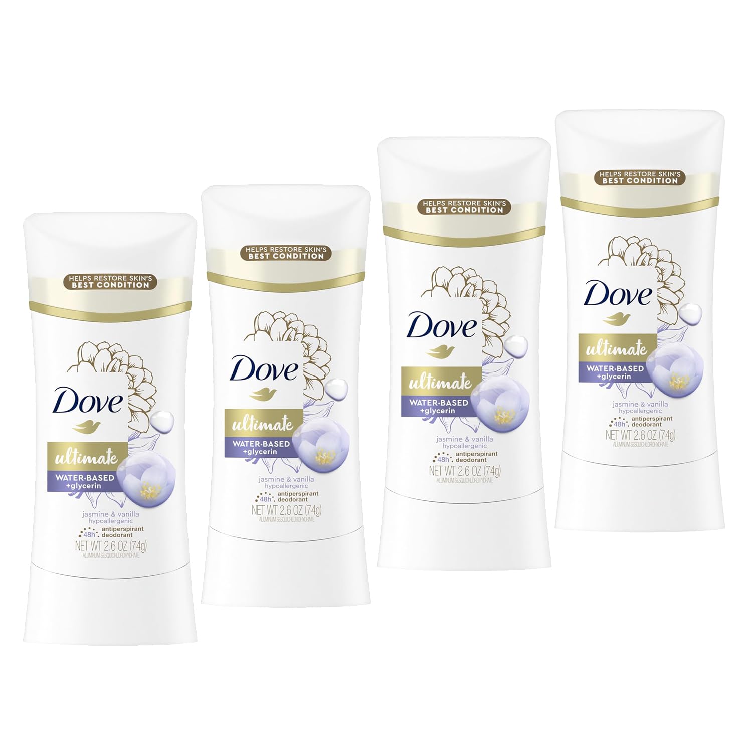 Dove Ultimate Antiperspirant Deodorant Stick, Hypoallergenic, Jasmine & Vanilla, 2.6 oz (Pack of 4) Dove Ultimate Antiperspirant Deodorant Stick, Hypoallergenic, Jasmine & Vanilla, 2.6 oz (Pack of 4)