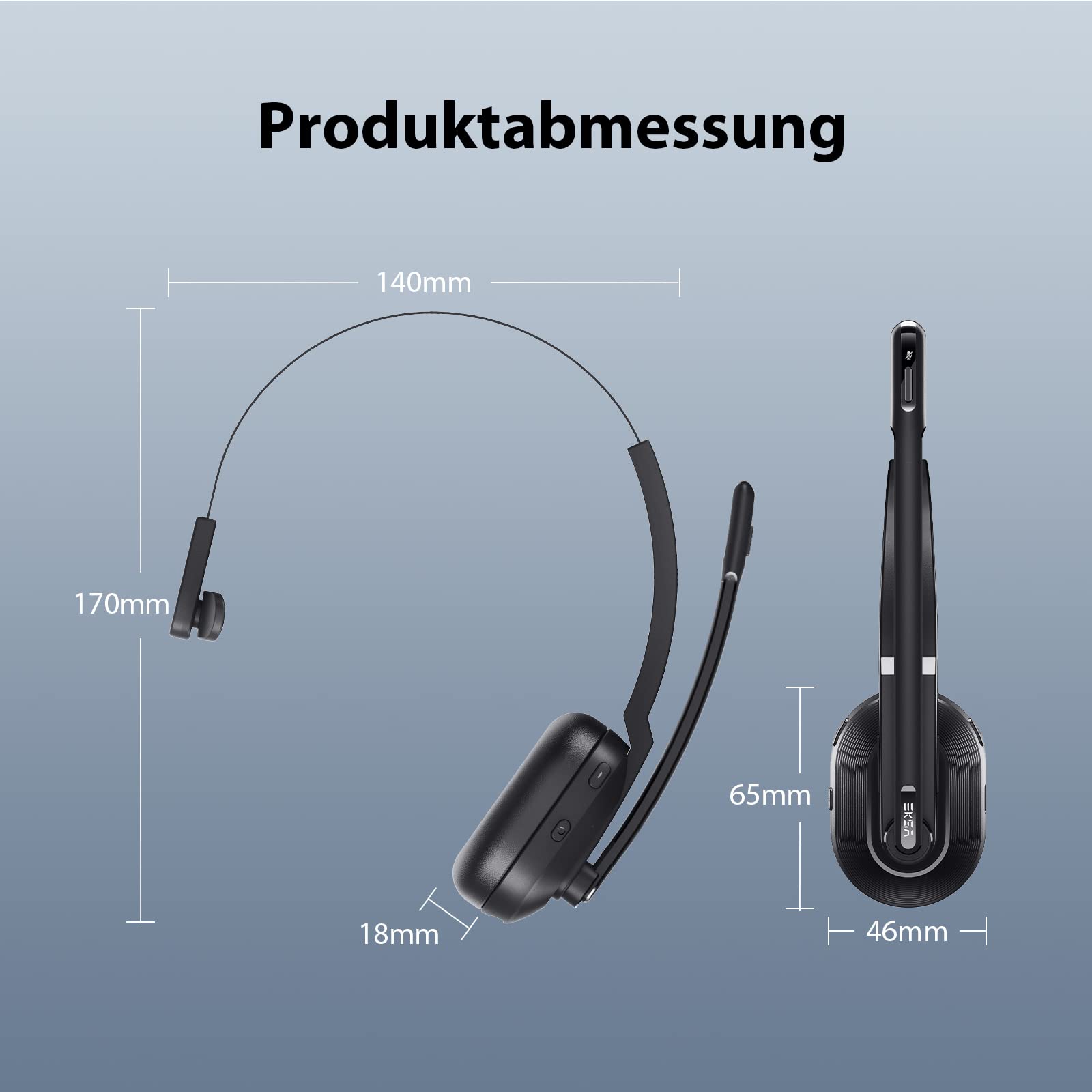 EKSA H5 Bluetooth PC Headset mit Mikrofon & USB Dongle [45 Stdn Spielzeit & 10M Reichweite] Mono mit Ladestation & AI Rauschunterdrückung Mic, Wireless Business Headphones für Büro/HomeOffice