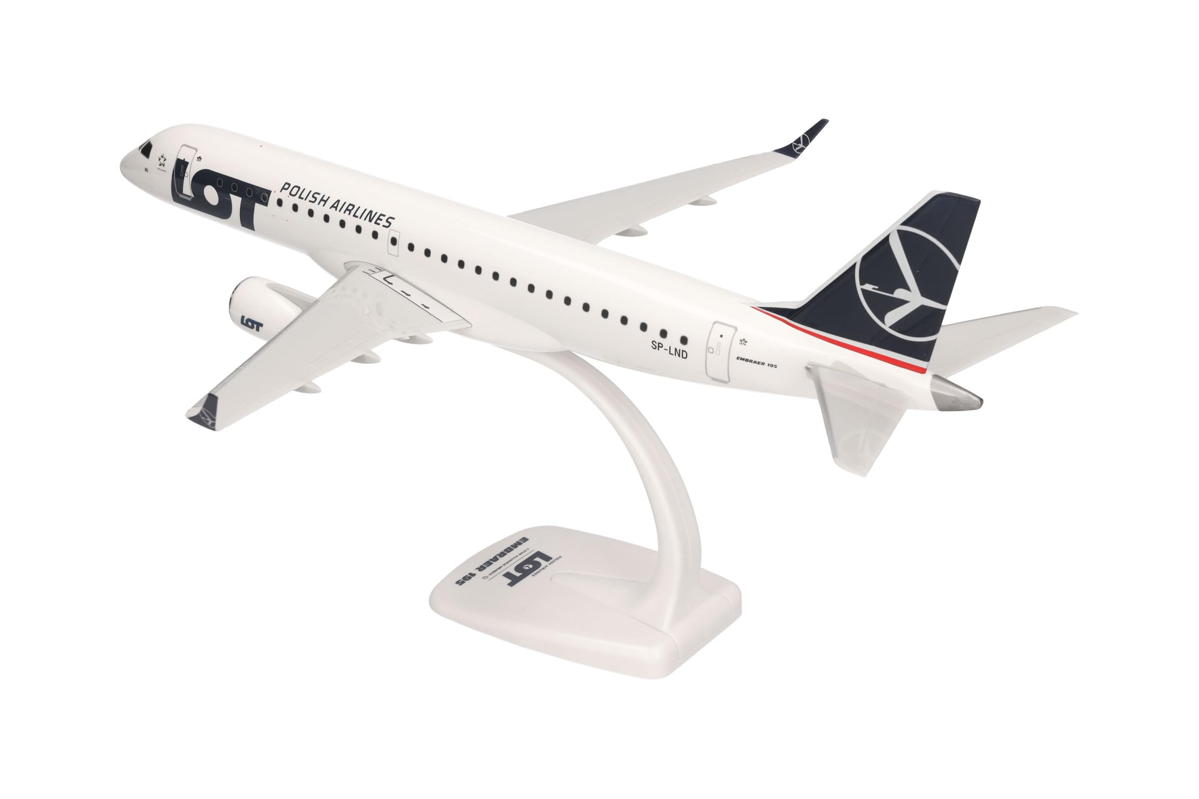 Herpa Snap-Fit Modellino di aereo LOT Polish Airlines Embraer E195 - SP-LND, miniatura in scala 1:100, pezzo da collezione, modello con base, plastica