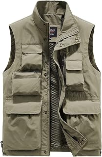 Alloaone Men Classic Solid Multi Pocket Stand Collar Photographer Jacket Director Reporter Waistcoat