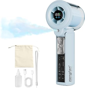 portable Handheld Misting Fan,Adjustable 1-100 Speed,LED Display,extra-large USB Rechargeable battery,20000 RPM Turbo Mini Fan with Spray Cooling, for Travel Makeup Outdoor Camp Shopping Concert-Blue