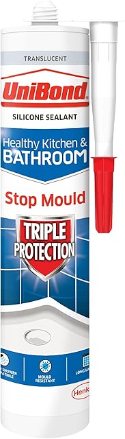 UniBond Triple Protection Stop Mould Sealant, Kitchen and Bathroom Sealant, Clear Silicone Sealant Repels, Kills, Prevents Mould Growth, Long-Lasting Bath Sealant, 1 x 291 g Cartridge