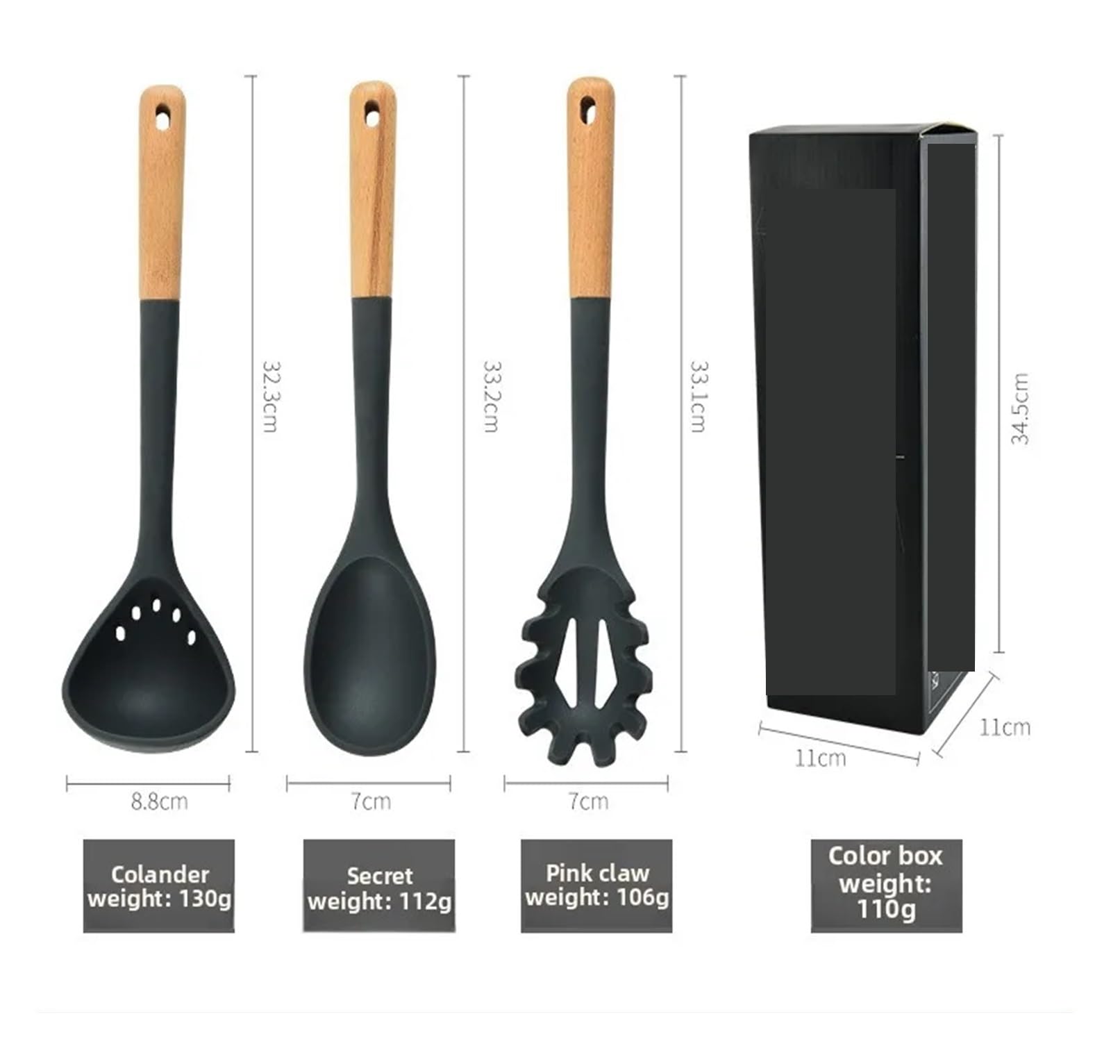 Ensemble d'ustensiles de cuisine en silicone 7 pièces avec poignées bois. Ustensiles : spatule, passoire, à friture Pour Cuisson