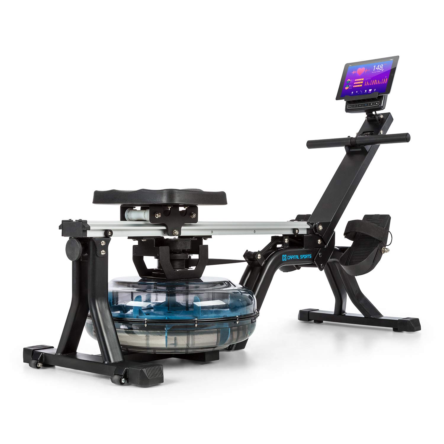 Capital Sports Flow wioślarz wodny, prowadnica ślizgowa 80 cm, opór wody: 8 poziomów/maks. 13 l, kompaktowy, komputer treningowy z wyświetlaczem LC, uchwyt na tablet, aluminium/stal