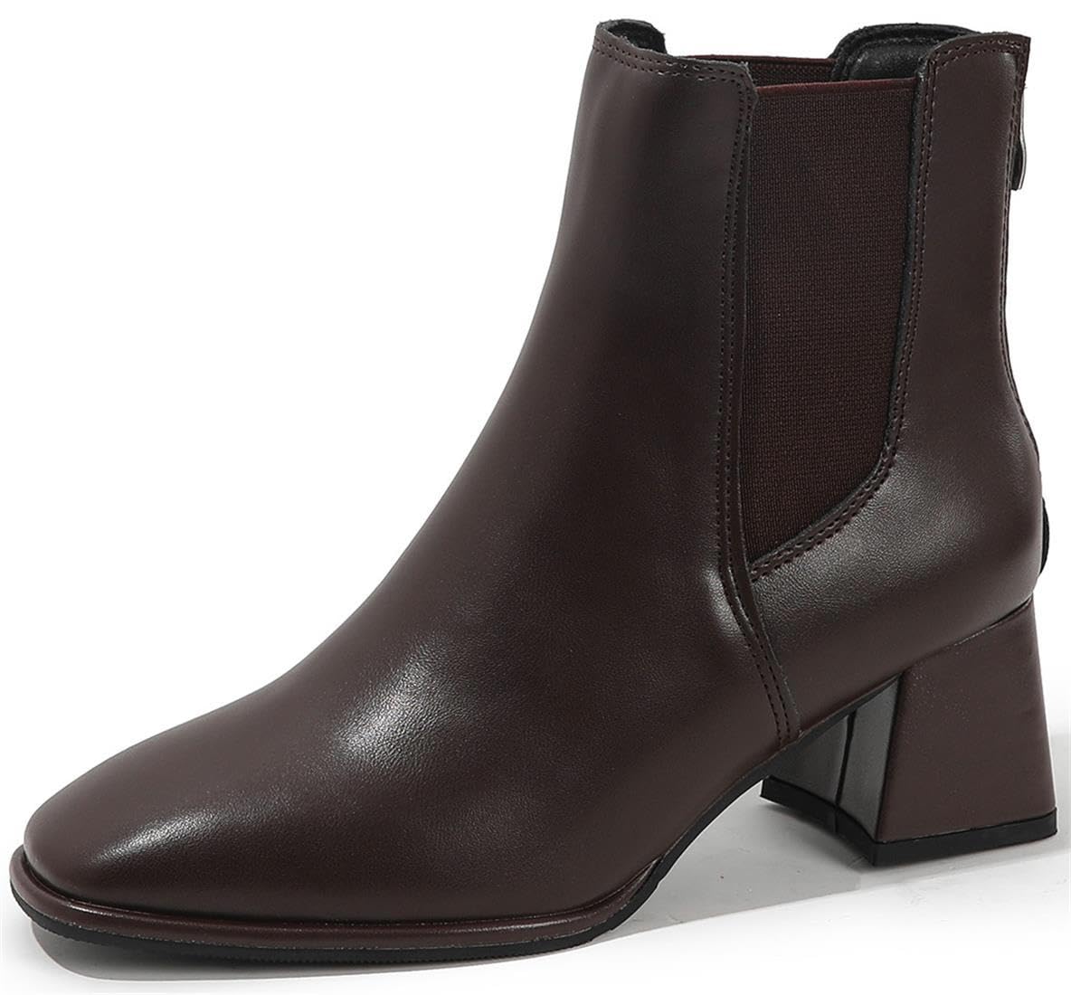 Womens Square Toe Ankle Boots Back Zipper Chunky Heel Chelsea Booties