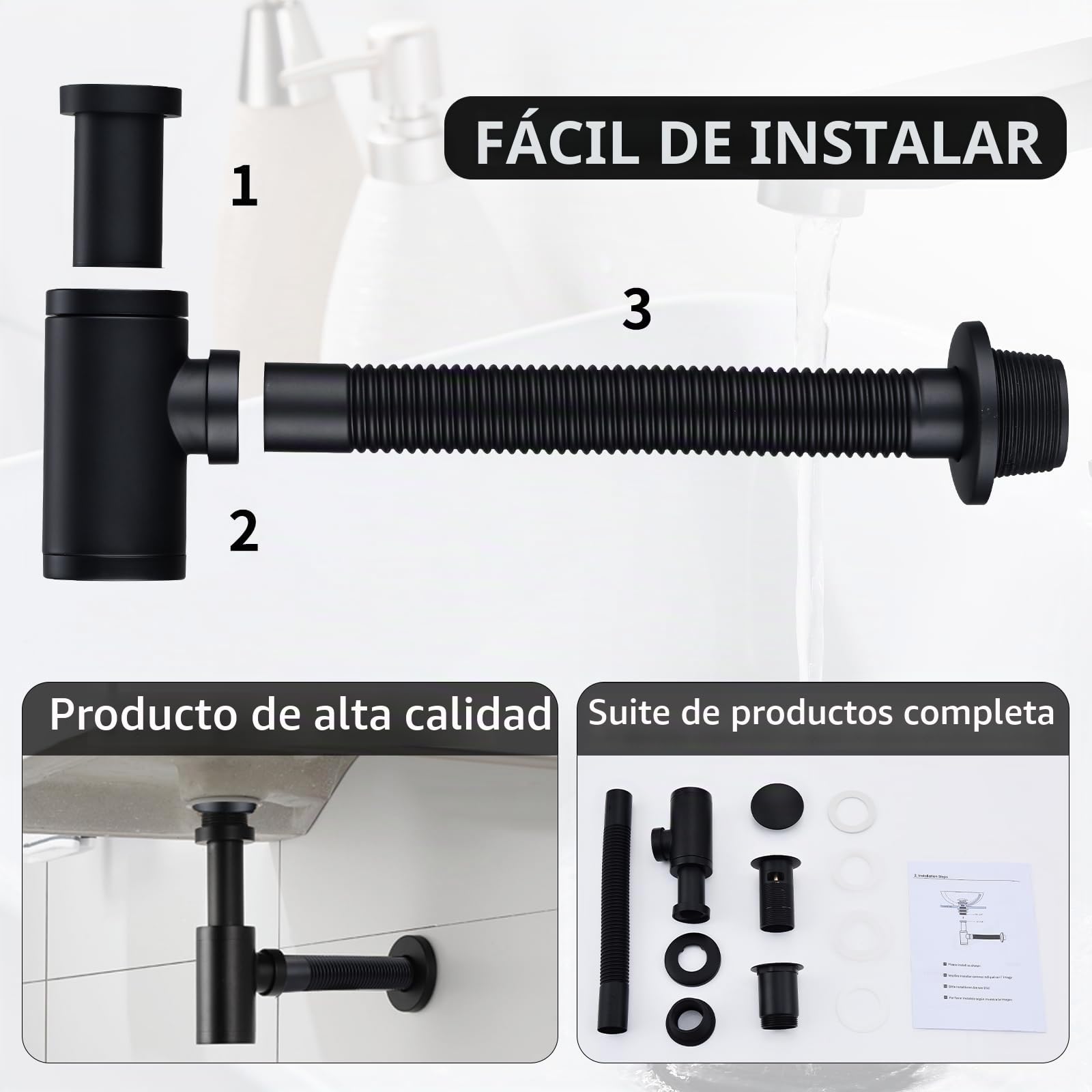 HOMELODY DiseñO De SifóN con VáLvula De Drenaje De Fregadero Negro Mate - SifóN De LatóN Universal - Incluye TapóN De Lavabo Y Abertura De Limpieza - SifóN De Lavabo, SifóN De Fregadero De Cocina
