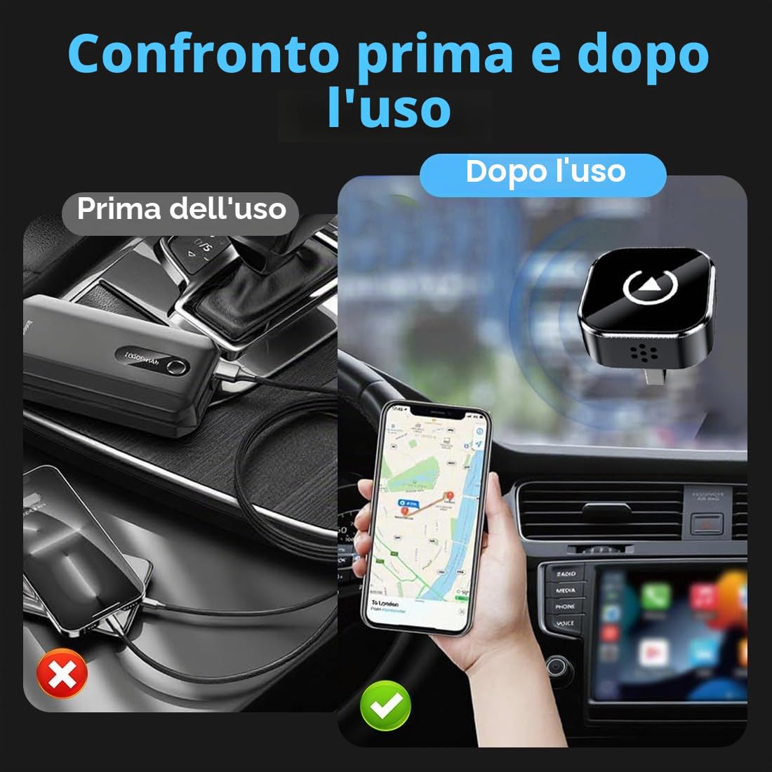 2 IN 1 Adattatore Carplay Wireless & Android Auto Wireless, Plug & Play, Segnale Stabile, Converte Androi-d Auto/Carplay da cablato in Wire-less adattatore android auto wireless