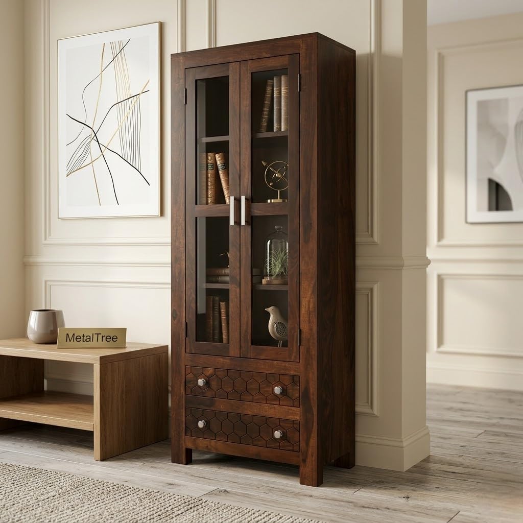 Sheesham Wood Bookcases with 4 Shelves 2 Drawer - Wooden Kitchen Crockery Cabinet for Dining Room Kitchen with Glass Door Book Shelf Wooden Rack for Living Room (Walnut, Ackley)-image-14