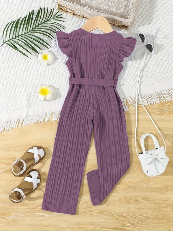 Image of Niren Enterprise Stylish Girls' Pleated Jumpsuit with Ruffle Sleeves, Button-Down Front, and Waist Belt - Comfortable Casual Outfit for Kids