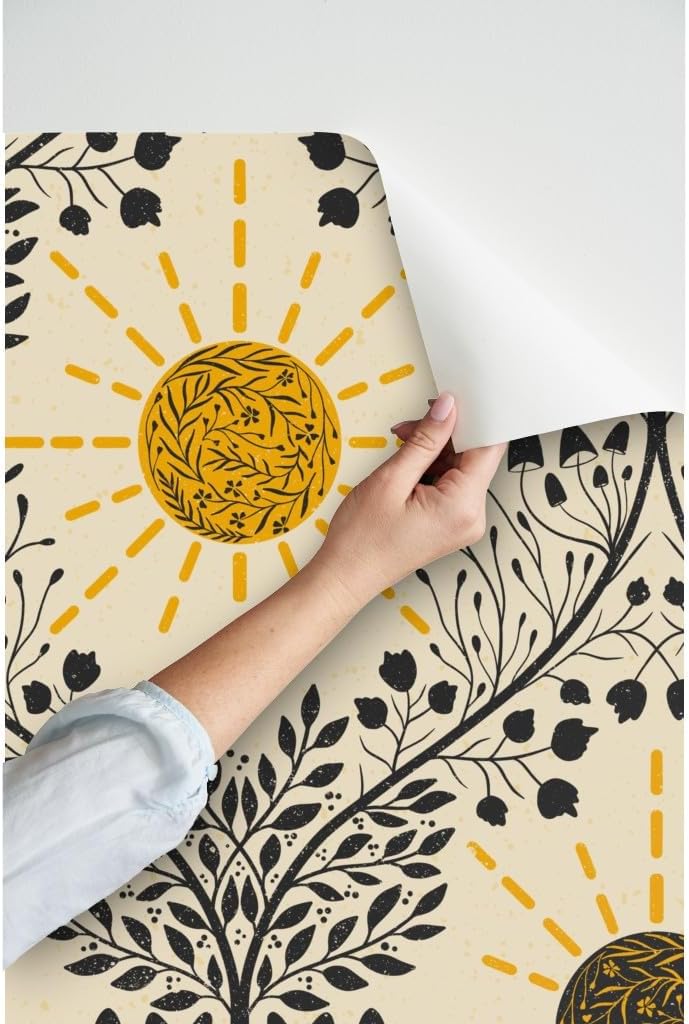 Peel & Stick Wallpaper 3ft x 2ft - Sun Life Providing Retro Mushroom Mushrooms Sunshine Botanical Custom Removable Wallpaper by Spoonflower