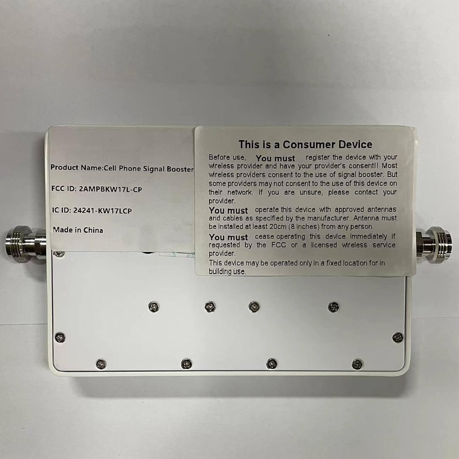 Back of Goboost Signal Booster showing FCC ID