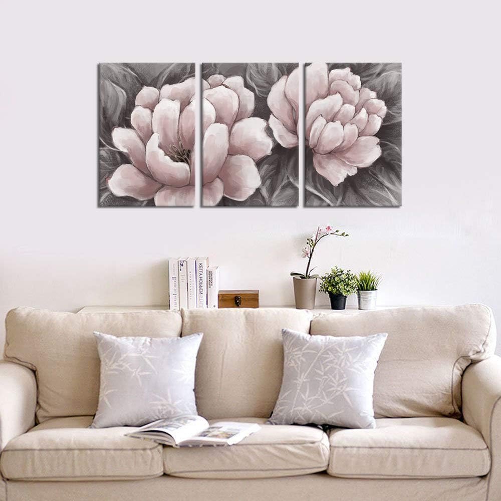 Biuteawal Flower Canvas Wall Art Abstract Pink and Gray Wall Artworks Elegant Floral Painting Still Life Pictures for Home Living Room Bedroom Decoration Ready to Hang 16x24inx3panels