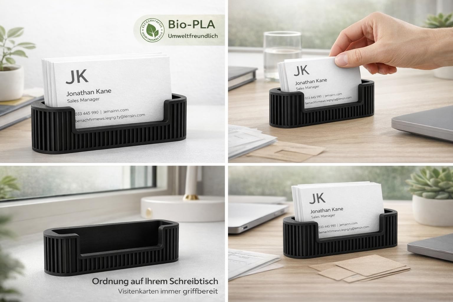 CABU Visitenkartenhalter Schreibtisch – Minimalistischer Kartenhalter aus Bio-PLA – Moderner Visitenkartenständer für Büro, Empfang & Homeoffice – Schwarz