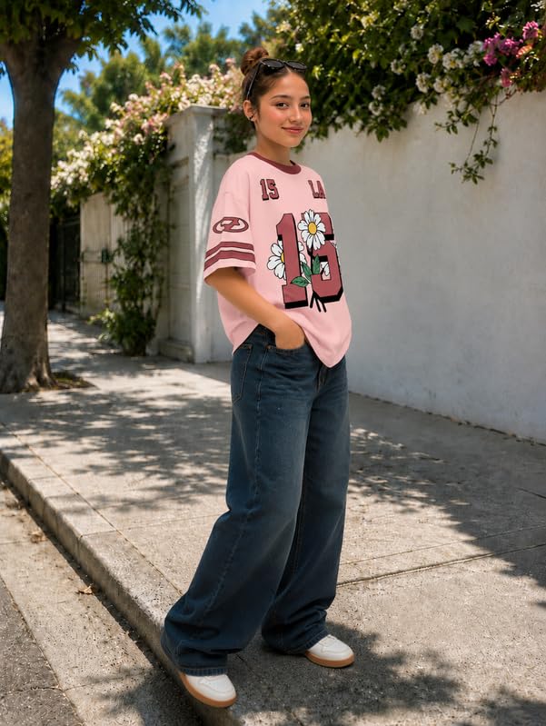 Image of KSHS Cotton Oversized T-Shirt for Women, Printed Loose Fit Womens Tshirt, Soft Cotton Fabric, Round Neck Half Sleeve Casual Top, Aesthetic Drop Shoulder Style Tee