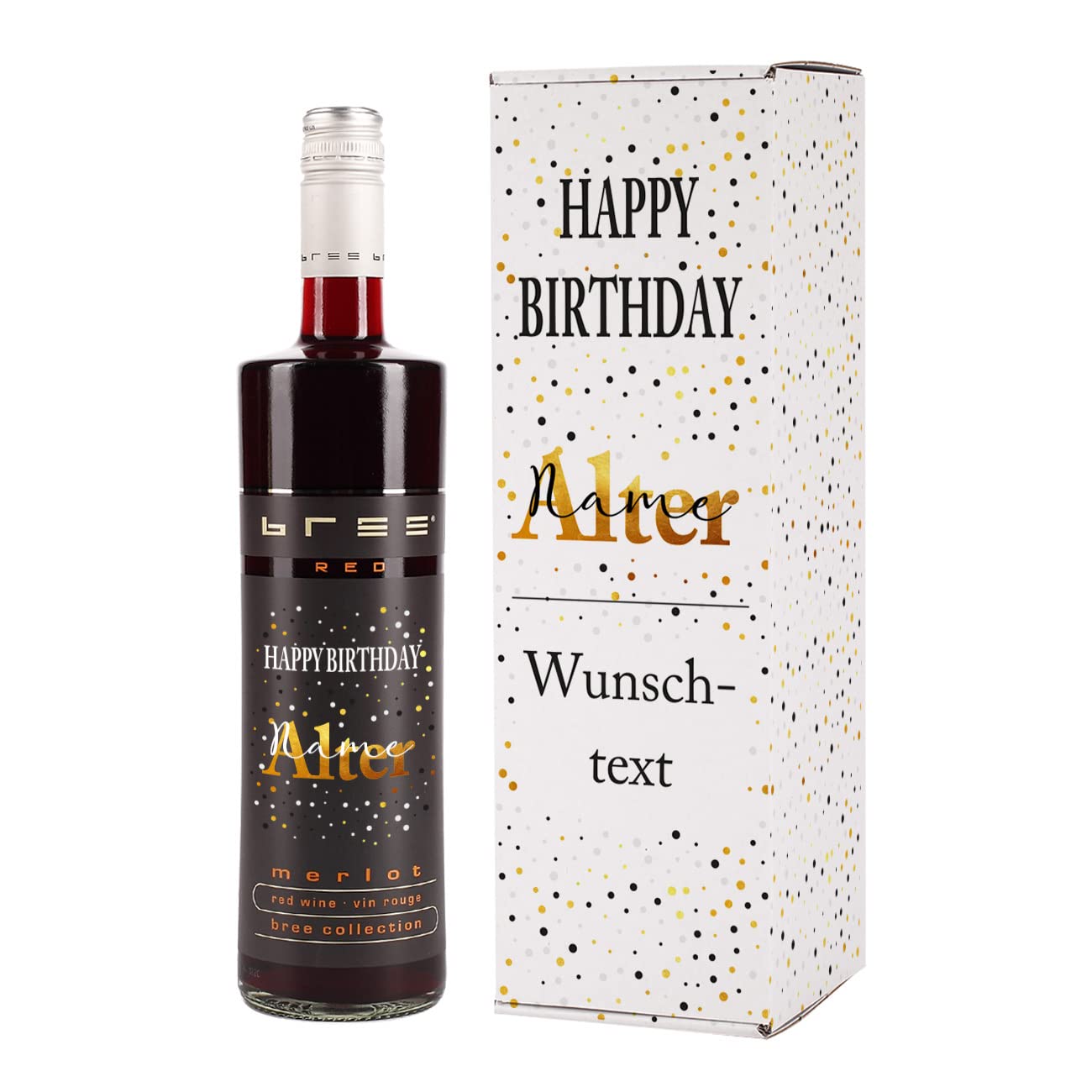 BREE Weinflasche (1 x 0.75 l) Geburtstagswein personalisiert mit Namen und Alter (merlot, Flasche + Verpackung)